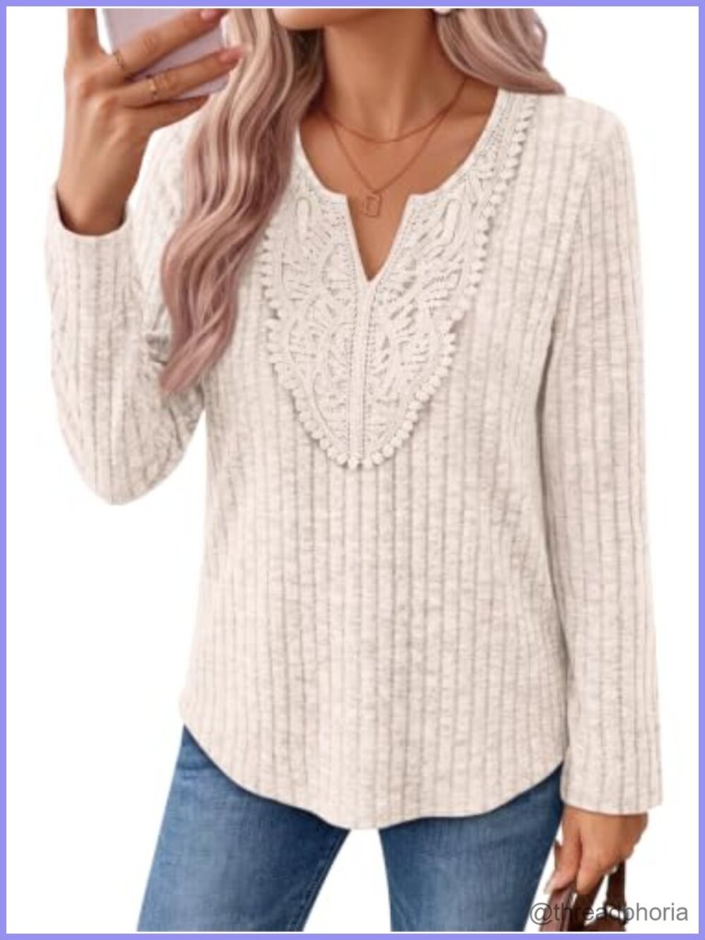 LILLUSORY Women's Lace V Neck Long Sleeve Tunic Top Fall Blouse